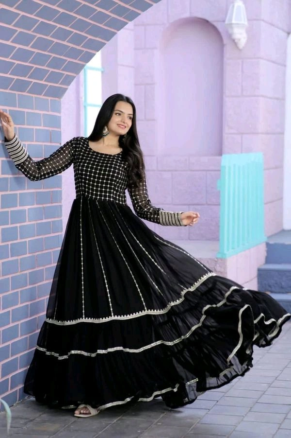 Antique Fashion  Faux Blooming gown with Sequins Multi Silver jari Embroidered Work  It looks graceful for women  it Designed to flatter all body types gowns for women combine the best parts of western and Indian wear into one stunning ensemble  - Xl (42), Black