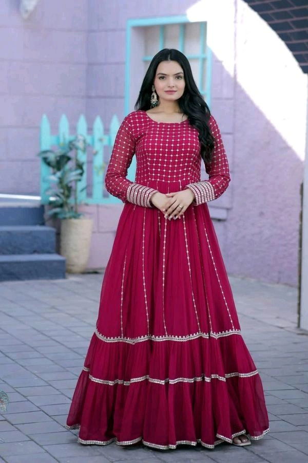 Antique Fashion  Faux Blooming gown with Sequins Multi Silver jari Embroidered Work  It looks graceful for women  it Designed to flatter all body types gowns for women combine the best parts of western and Indian wear into one stunning ensemble  - Xl (42), pink