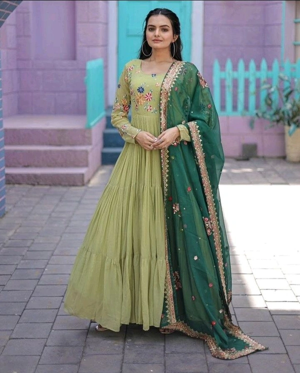 Antique Fashion 1  Faux Georgette Gown with Russian silk Dupatta With Adorable Embroidered thread work  - parrot green, Xl (42)