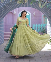 Antique Fashion 1  Faux Georgette Gown with Russian silk Dupatta With Adorable Embroidered thread work  - parrot green, Xl (42)