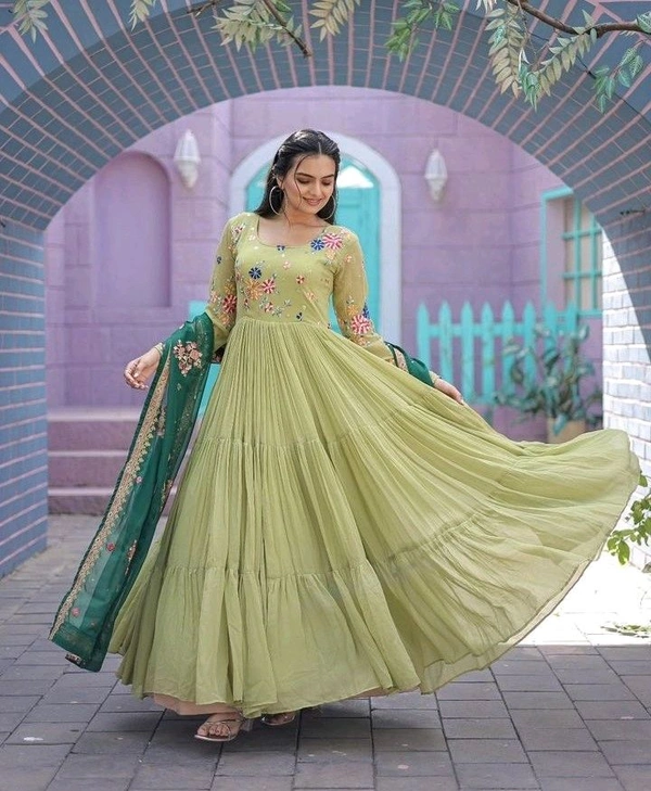 Antique Fashion 1  Faux Georgette Gown with Russian silk Dupatta With Adorable Embroidered thread work  - parrot green, Xl (42)
