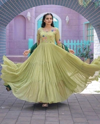 Antique Fashion 1  Faux Georgette Gown with Russian silk Dupatta With Adorable Embroidered thread work  - parrot green, Xl (42)