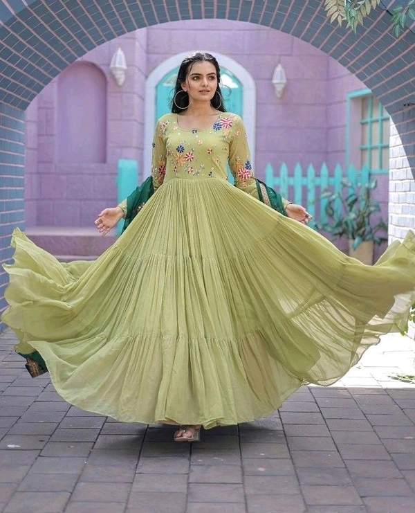 Antique Fashion 1  Faux Georgette Gown with Russian silk Dupatta With Adorable Embroidered thread work  - parrot green, Xl (42)