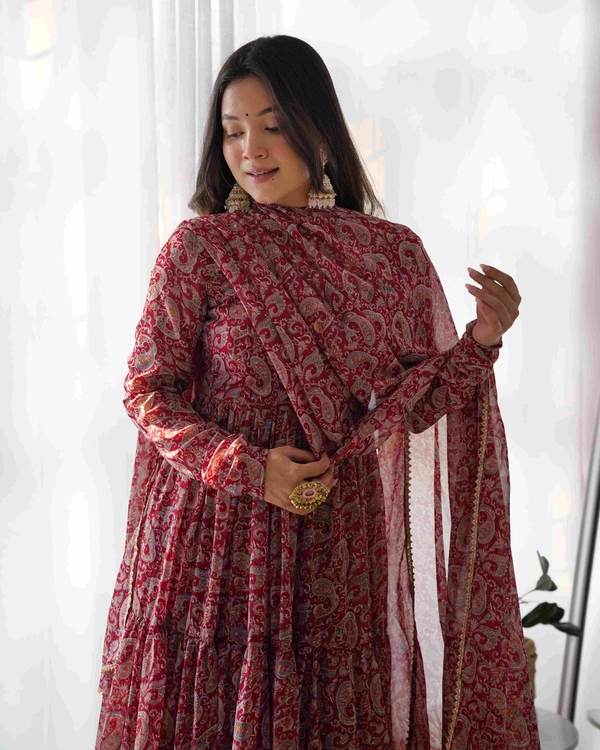 Antique Fashion  PURE SOFT FOX GEORGETTE KALAMKARI PRINT FABRIC FULLY FLAIR ANARKALI,WITH DUPPTA SET,PENT READY TO WEAR* - S (36)