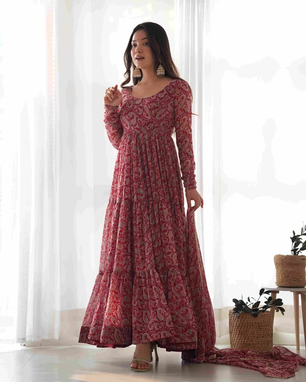 Antique Fashion  PURE SOFT FOX GEORGETTE KALAMKARI PRINT FABRIC FULLY FLAIR ANARKALI,WITH DUPPTA SET,PENT READY TO WEAR* - L (40)
