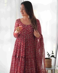 Antique Fashion 1 PURE SOFT FOX GEORGETTE KALAMKARI PRINT FABRIC FULLY FLAIR ANARKALI,WITH DUPPTA SET,PENT READY TO WEAR* - L (40)