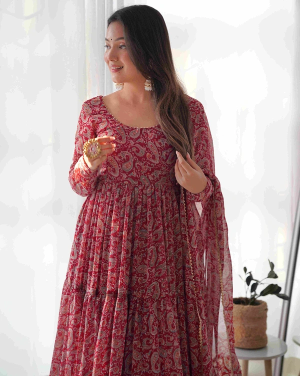 Antique Fashion  PURE SOFT FOX GEORGETTE KALAMKARI PRINT FABRIC FULLY FLAIR ANARKALI,WITH DUPPTA SET,PENT READY TO WEAR* - L (40)