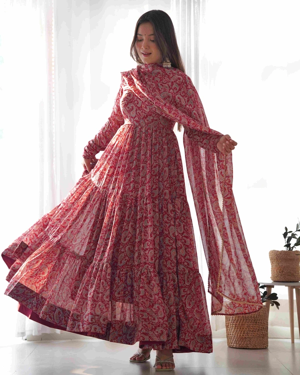 Antique Fashion  PURE SOFT FOX GEORGETTE KALAMKARI PRINT FABRIC FULLY FLAIR ANARKALI,WITH DUPPTA SET,PENT READY TO WEAR* - L (40)