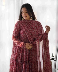 Antique Fashion 1 PURE SOFT FOX GEORGETTE KALAMKARI PRINT FABRIC FULLY FLAIR ANARKALI,WITH DUPPTA SET,PENT READY TO WEAR* - L (40)