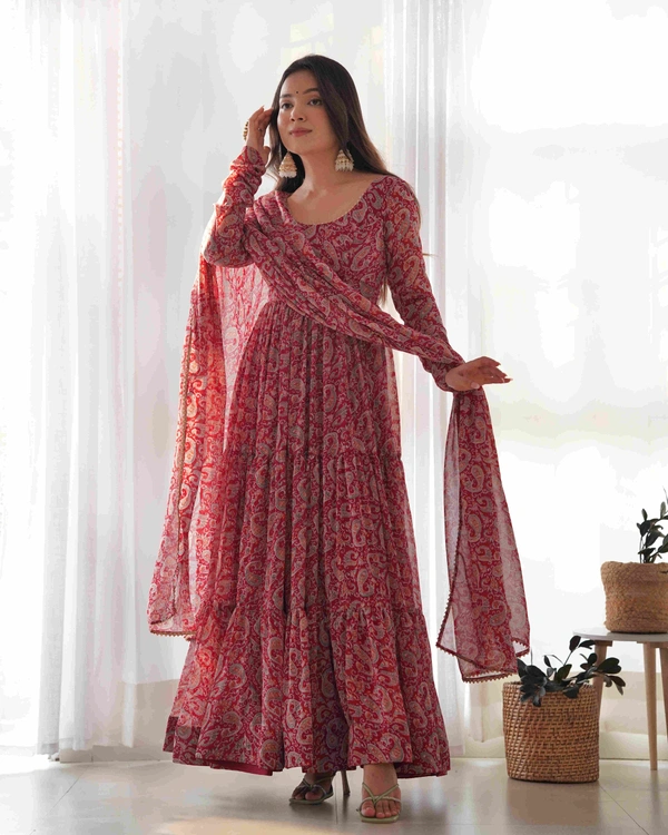 Antique Fashion  PURE SOFT FOX GEORGETTE KALAMKARI PRINT FABRIC FULLY FLAIR ANARKALI,WITH DUPPTA SET,PENT READY TO WEAR* - L (40)
