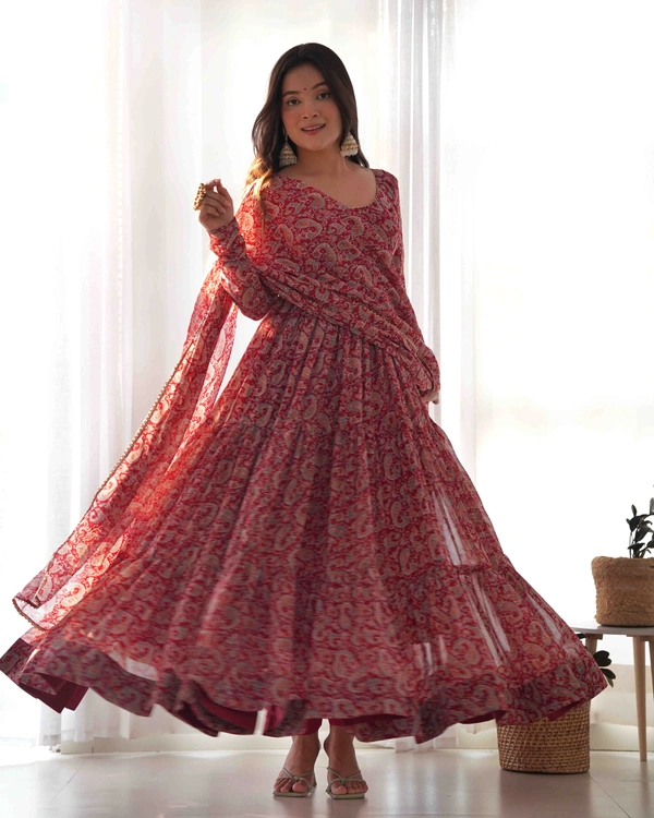 Antique Fashion  PURE SOFT FOX GEORGETTE KALAMKARI PRINT FABRIC FULLY FLAIR ANARKALI,WITH DUPPTA SET,PENT READY TO WEAR* - Xl (42)