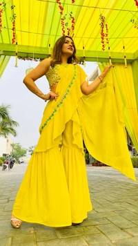 Antique Fashion 1 GET READY FOR UPCOMING FESTIVITIES AND WEDDING CELEBRATIONS WITH THIS GARARA DRAPE READY TO WEAR SAREE WITH TWO BLOUSE OPTIONS EMBELLISHED WITH REAL MIRROR HAND WORK AND ZARI EMBROIDERY, KAUDI HANGINGS. - Xxl (44)