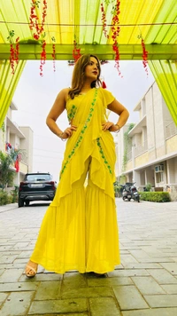 Antique Fashion 1 GET READY FOR UPCOMING FESTIVITIES AND WEDDING CELEBRATIONS WITH THIS GARARA DRAPE READY TO WEAR SAREE WITH TWO BLOUSE OPTIONS EMBELLISHED WITH REAL MIRROR HAND WORK AND ZARI EMBROIDERY, KAUDI HANGINGS. - Xxl (44)