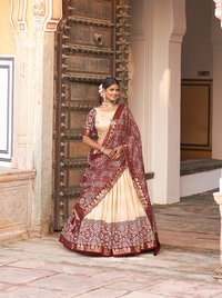 Antique Fashion 1 In the embrace of Tusser silk adorned with Ajarakh prints the lehenga choli becomes not just a garment but a reflection of tradition grace and beauty  - off white