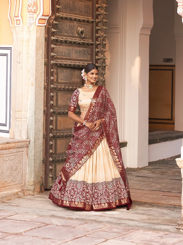 Antique Fashion  In the embrace of Tusser silk adorned with Ajarakh prints the lehenga choli becomes not just a garment but a reflection of tradition grace and beauty  - off white