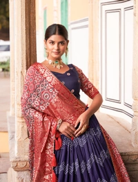 Antique Fashion 1 In the embrace of Tusser silk adorned with Ajarakh prints the lehenga choli becomes not just a garment but a reflection of tradition grace and beauty  - Navy Blue