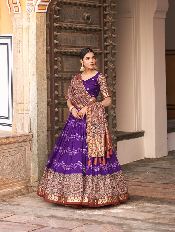 Antique Fashion  In the embrace of Tusser silk adorned with Ajarakh prints the lehenga choli becomes not just a garment but a reflection of tradition grace and beauty  - Purple
