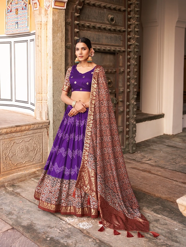 Antique Fashion  In the embrace of Tusser silk adorned with Ajarakh prints the lehenga choli becomes not just a garment but a reflection of tradition grace and beauty  - Purple