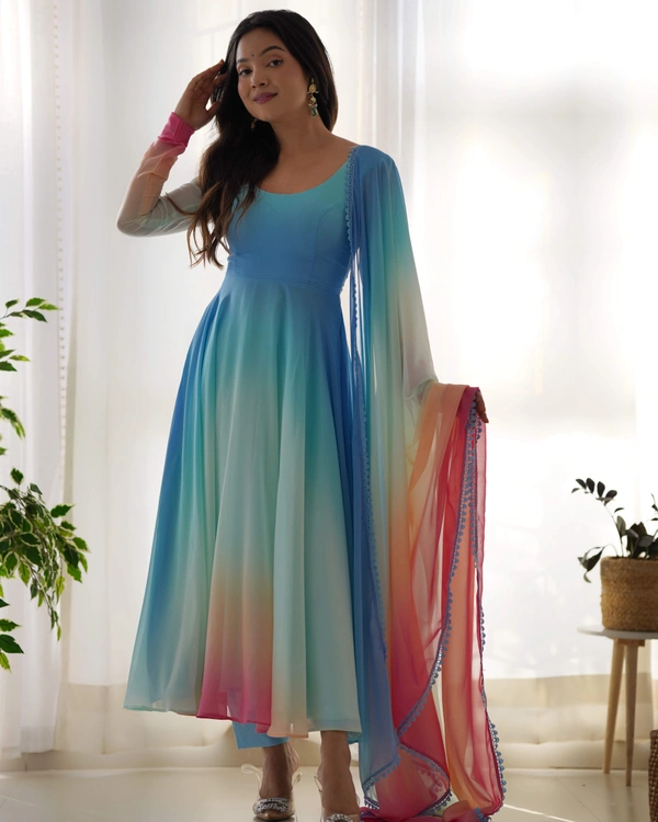 Antique Fashion  PURE SOFT FOX GEORGETTE MOST TRENDY PADDING FABRIC FULLY FLAIR ANARKALI,WITH DUPPTA SET,PENT READY TO WEAR* - S (36)