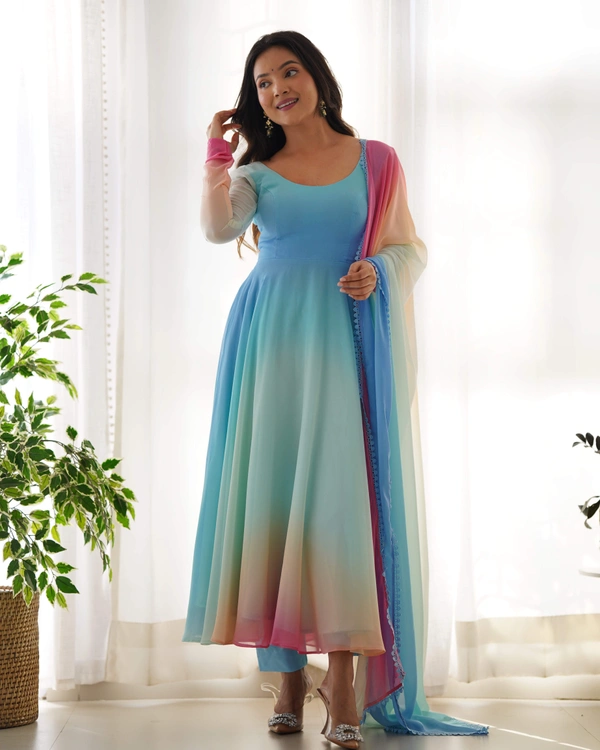 Antique Fashion  PURE SOFT FOX GEORGETTE MOST TRENDY PADDING FABRIC FULLY FLAIR ANARKALI,WITH DUPPTA SET,PENT READY TO WEAR* - S (36)