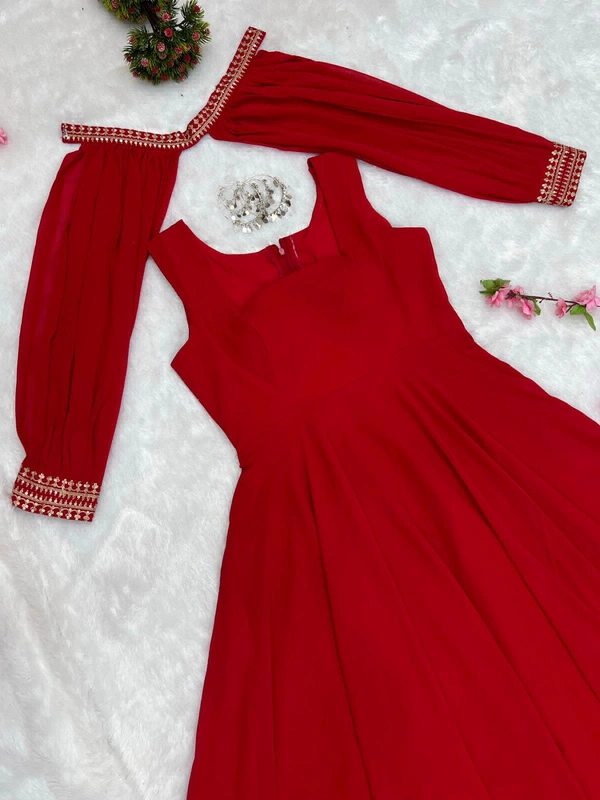 Antique Fashion  PRESENTING NEW TRENDY SLEEVES PATTERN PURE FOX GEORGETTE GOWN WITH FANCY SLEEVES SET READY TO WEAR FULLY STTICHED  - Red, S (36)