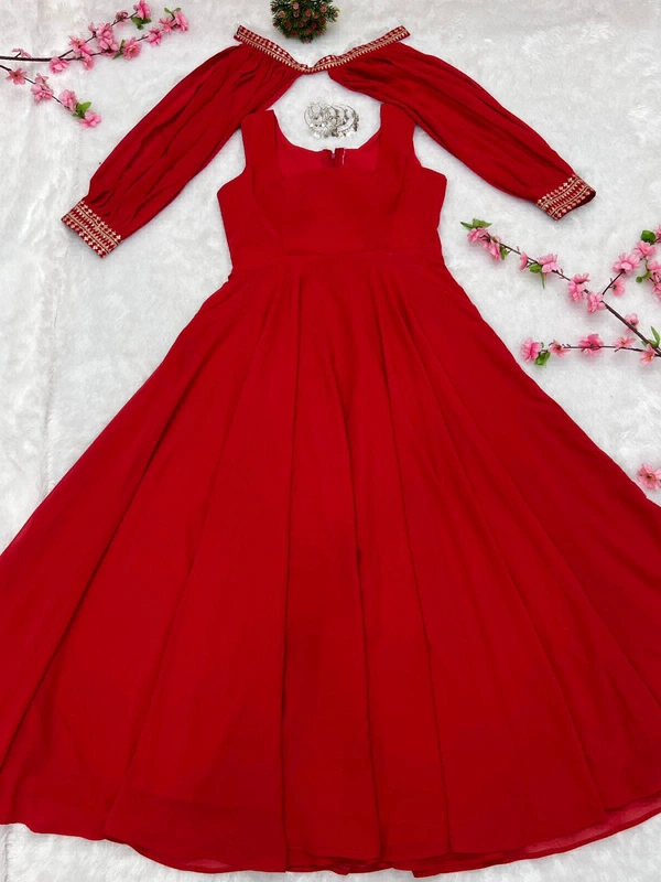 Antique Fashion  PRESENTING NEW TRENDY SLEEVES PATTERN PURE FOX GEORGETTE GOWN WITH FANCY SLEEVES SET READY TO WEAR FULLY STTICHED  - Red, S (36)