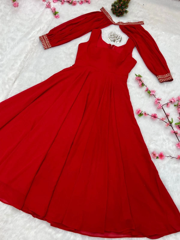 Antique Fashion  PRESENTING NEW TRENDY SLEEVES PATTERN PURE FOX GEORGETTE GOWN WITH FANCY SLEEVES SET READY TO WEAR FULLY STTICHED  - Red, S (36)