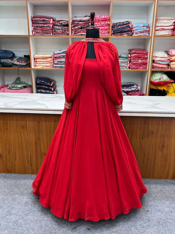Antique Fashion  PRESENTING NEW TRENDY SLEEVES PATTERN PURE FOX GEORGETTE GOWN WITH FANCY SLEEVES SET READY TO WEAR FULLY STTICHED  - Red, S (36)