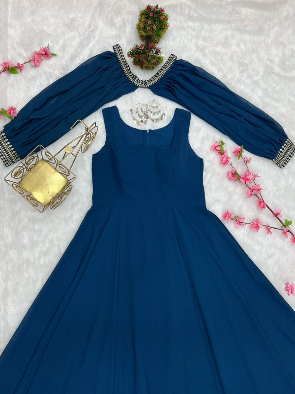Antique Fashion  PRESENTING NEW TRENDY SLEEVES PATTERN PURE FOX GEORGETTE GOWN WITH FANCY SLEEVES SET READY TO WEAR FULLY STTICHED  - rama, M (38)