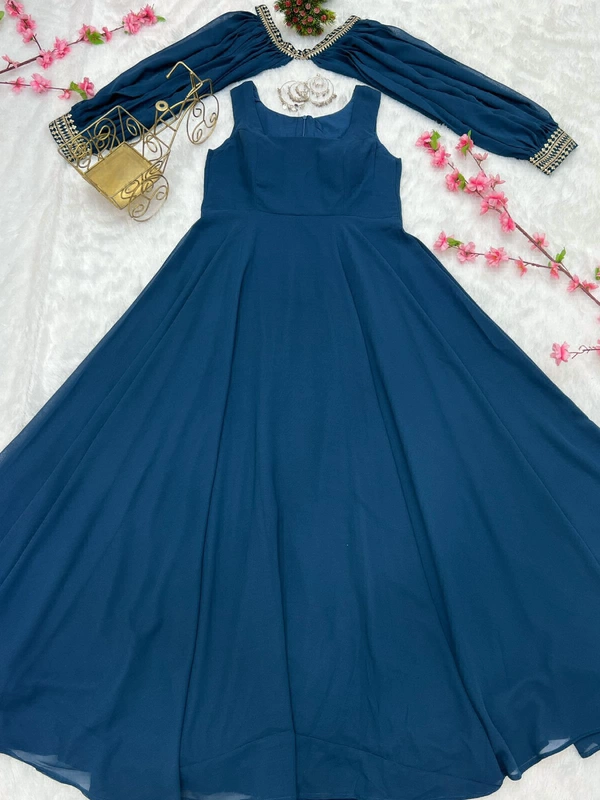 Antique Fashion  PRESENTING NEW TRENDY SLEEVES PATTERN PURE FOX GEORGETTE GOWN WITH FANCY SLEEVES SET READY TO WEAR FULLY STTICHED  - rama, M (38)