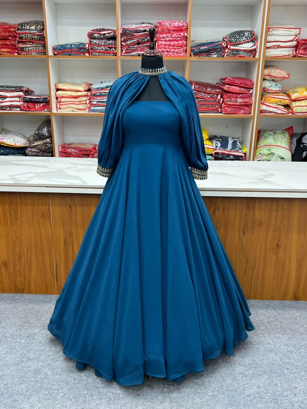 Antique Fashion  PRESENTING NEW TRENDY SLEEVES PATTERN PURE FOX GEORGETTE GOWN WITH FANCY SLEEVES SET READY TO WEAR FULLY STTICHED  - rama, M (38)