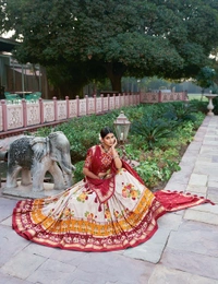Antique Fashion 1 Embrace elegance with every twirl Dive into the enchanting world of florals with our mesmerizing Dola silk lehenga choli - Red