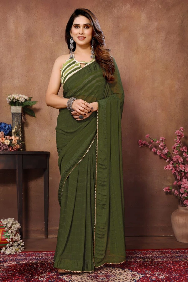Antique Fashion  PATTERN*-PRINTED READY  TO WEAR SAREE WITH SMALL LACE  - Design 3