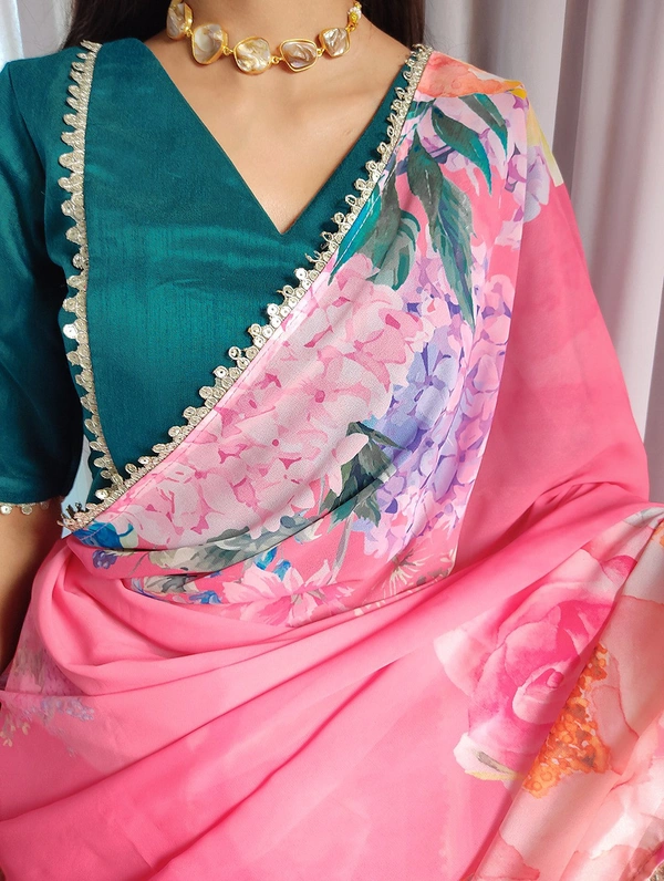 Antique Fashion 1 Drape yourself in the ethereal beauty of a floral printed georgette saree, where every fold tells a story of timeless elegance - pink