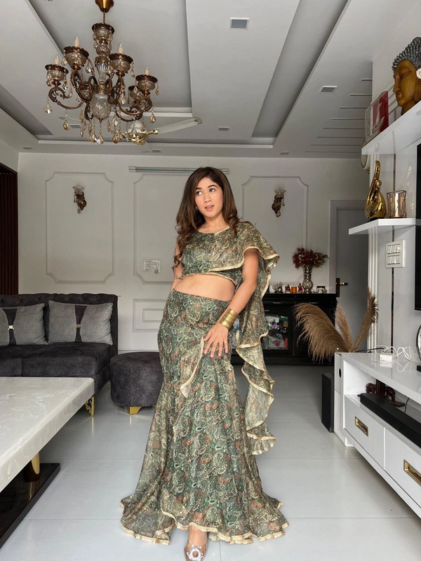 Antique Fashion 1 Sparkle Fabric Fish cut lehnga with adjustable waist dori 