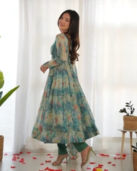 Antique Fashion 1 PURE SOFT ORGANJA SILK FABRIC FULLY FLAIR KALI PATTERN AND CANVAS PATTA WITH DUPPTA SET,PENT READY TO WEAR* - L (40)