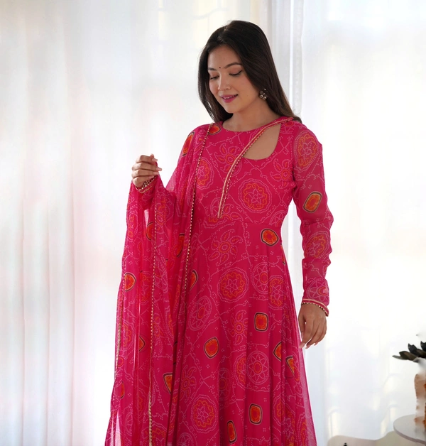 Antique Fashion 1 PRESENTING NEW DESIGNER PURE SOFT LIGHTWEIGHT CHIFFON BANDHEJ FULLY FLAIR GOWN,DUPPTA ,PENT SET READY TO WEAR FULLY STTICHED - Xs (34)
