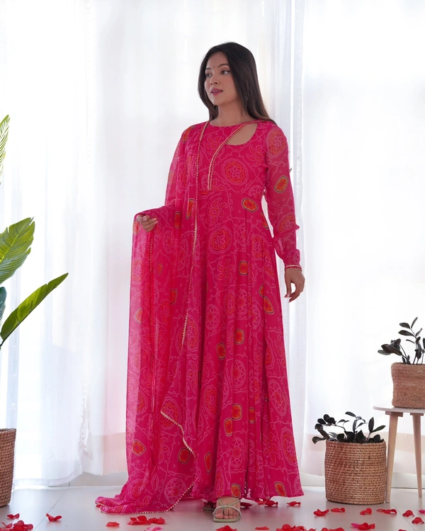 Antique Fashion 1 PRESENTING NEW DESIGNER PURE SOFT LIGHTWEIGHT CHIFFON BANDHEJ FULLY FLAIR GOWN,DUPPTA ,PENT SET READY TO WEAR FULLY STTICHED - Xs (34)