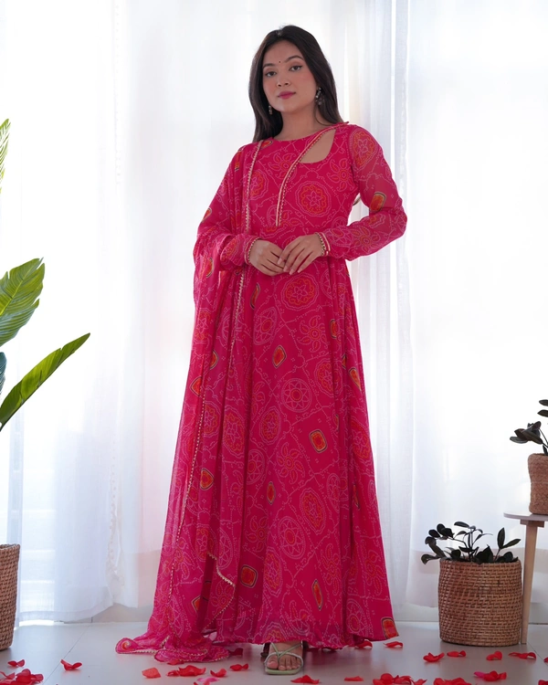 Antique Fashion 1 PRESENTING NEW DESIGNER PURE SOFT LIGHTWEIGHT CHIFFON BANDHEJ FULLY FLAIR GOWN,DUPPTA ,PENT SET READY TO WEAR FULLY STTICHED - Xs (34)