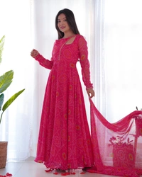 Antique Fashion 1 PRESENTING NEW DESIGNER PURE SOFT LIGHTWEIGHT CHIFFON BANDHEJ FULLY FLAIR GOWN,DUPPTA ,PENT SET READY TO WEAR FULLY STTICHED - Xs (34)