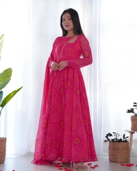 Antique Fashion 1 PRESENTING NEW DESIGNER PURE SOFT LIGHTWEIGHT CHIFFON BANDHEJ FULLY FLAIR GOWN,DUPPTA ,PENT SET READY TO WEAR FULLY STTICHED - Xs (34)
