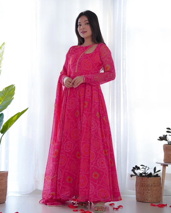 Antique Fashion 1 PRESENTING NEW DESIGNER PURE SOFT LIGHTWEIGHT CHIFFON BANDHEJ FULLY FLAIR GOWN,DUPPTA ,PENT SET READY TO WEAR FULLY STTICHED - Xs (34)