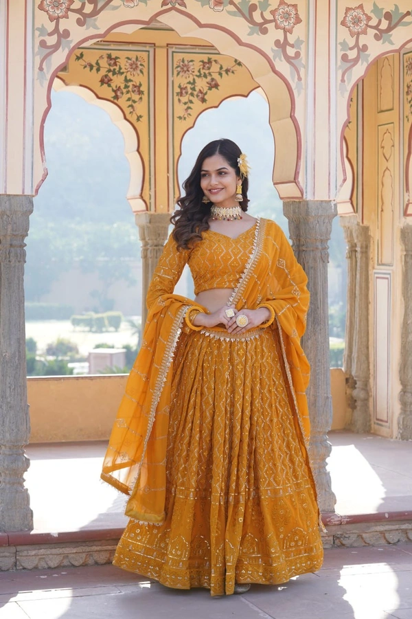 Antique Fashion 1 Faux Georgette With Sequins  Thread Embroidered work Lehenga Choli with Dupatta for women who are accepting the Current Seasonal and traditional wear collections to their wardrobe  - yellow