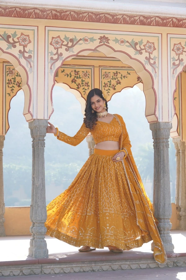 Antique Fashion 1 Faux Georgette With Sequins  Thread Embroidered work Lehenga Choli with Dupatta for women who are accepting the Current Seasonal and traditional wear collections to their wardrobe  - yellow