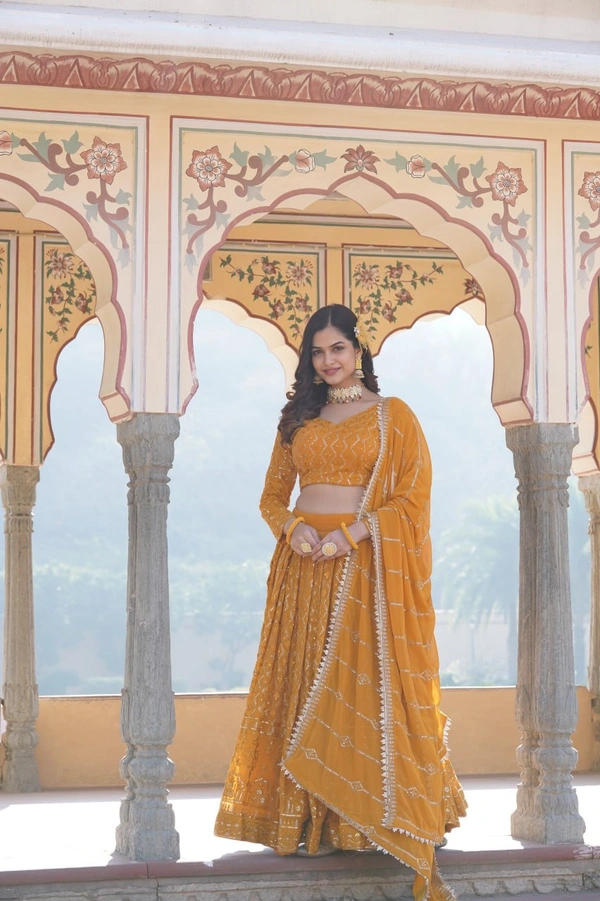 Antique Fashion 1 Faux Georgette With Sequins  Thread Embroidered work Lehenga Choli with Dupatta for women who are accepting the Current Seasonal and traditional wear collections to their wardrobe  - yellow