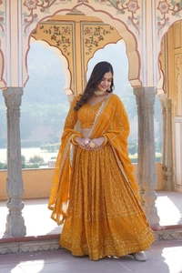 Antique Fashion 1 Faux Georgette With Sequins  Thread Embroidered work Lehenga Choli with Dupatta for women who are accepting the Current Seasonal and traditional wear collections to their wardrobe  - yellow