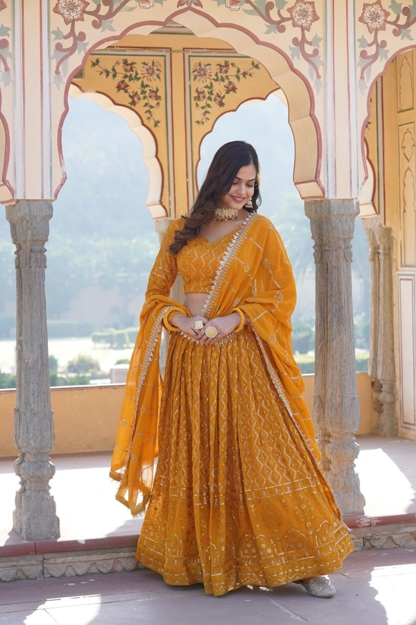 Antique Fashion 1 Faux Georgette With Sequins  Thread Embroidered work Lehenga Choli with Dupatta for women who are accepting the Current Seasonal and traditional wear collections to their wardrobe  - yellow