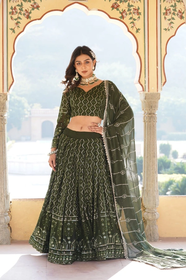 Antique Fashion 1 Faux Georgette With Sequins  Thread Embroidered work Lehenga Choli with Dupatta for women who are accepting the Current Seasonal and traditional wear collections to their wardrobe  - Green