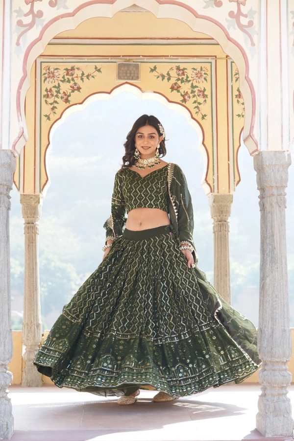 Antique Fashion 1 Faux Georgette With Sequins  Thread Embroidered work Lehenga Choli with Dupatta for women who are accepting the Current Seasonal and traditional wear collections to their wardrobe  - Green