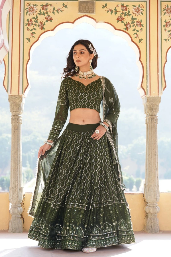 Antique Fashion 1 Faux Georgette With Sequins  Thread Embroidered work Lehenga Choli with Dupatta for women who are accepting the Current Seasonal and traditional wear collections to their wardrobe  - Green